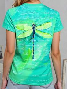 SHEIN LUNE Women's Slim Fit Casual 3D Dragonfly Printed Short Sleeve T-Shirt, Fashion Harajuku Style Tee, Summer