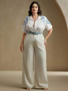 Anewsta Plus Size Women Elegant Commuter Linen Woven Hollow Embroidered Striped Turndown Collar Short Sleeve Blouse - White - View 5