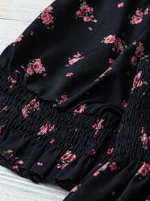 Linhara 女士加大码方领泡泡袖花卉荷叶边衬衫 - 黑色 - 查看 3