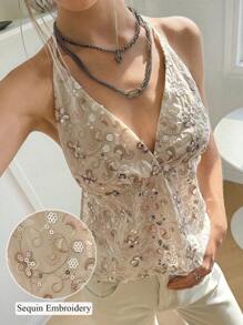 SHEIN Bubbli Women's Fashion Sequin Criss-Cross Deep V-Neck Beaded Flower Back Tie Tank Top