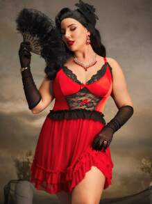 2 Stücke Große Größen Kontrast Farbe schlank geschnittenes, geschichtetes, gerüschtes Taftseide-Spitze-Patch-Plissee-Netz-Schleife Wimpernspitzen-Spitze Retro romantische Lingerie-Set - Verschiedenfarbig - Übersicht 5