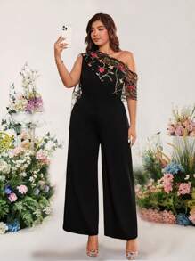 Cravure Plus Size Women's Patchwork Mesh Embroidered Shawl Elegant Jumpsuit - Multicolor - View 6