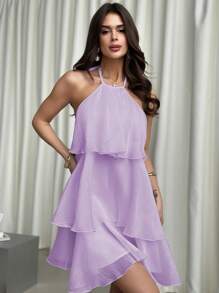 Firerie 优雅浪漫约会之夜露背多层下摆白色欧根纱挂脖 A 字连衣裙，情人节礼物