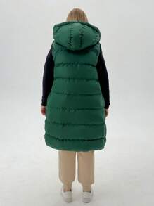 SHEIN Cottnline Plus Size Zip Up Drawstring Hooded Puffer Vest Coat - Green - View 2