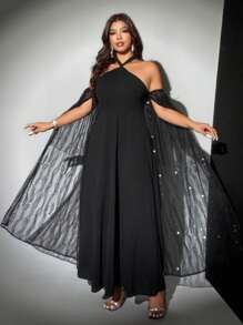 Viva Relle Große Größen Schulterfrei Sexy Kleid mit Pailletten, Netzstoff, Neckholder, taillierter Taille - Schwarz - Übersicht 3