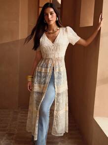 MOTF PREMIUM 对比色蕾丝纽扣罩衫 - 卡其色 - 查看 6