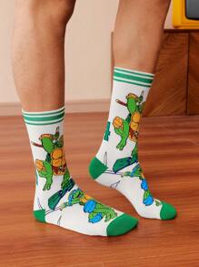 TEENAGE MUTANT NINJA TURTLES | SHEIN 2 双柔软透气吸湿排汗休闲中筒袜，卡通条纹图案，时尚绿色和白色男士中筒袜，加固脚趾和脚跟，经久耐用，男女通用，四季百搭 - 彩色 - 查看 7