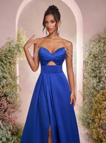 Glamrae Elegante e lussuoso abito blu navy in raso arricciato sul décolleté, spalle scoperte, scollo a V, schiena aperta con spacco e orlo alto-basso, adatto per appuntamenti, feste per single, cerimonie di laurea, occasioni formali, banchetti - Blu reale - Visualizzare 1