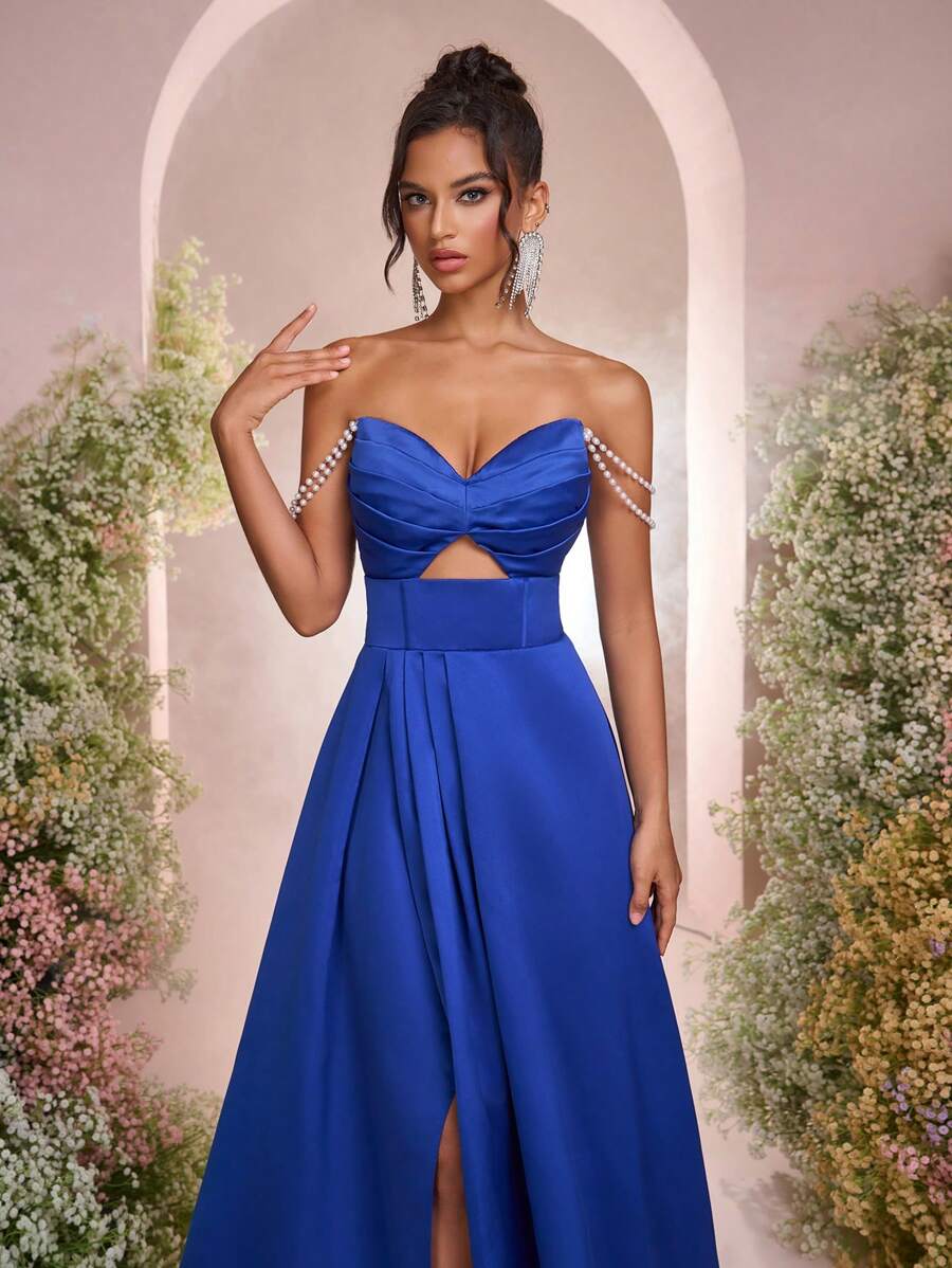 Glamrae Elegante e lussuoso abito blu navy in raso arricciato sul décolleté, spalle scoperte, scollo a V, schiena aperta con spacco e orlo alto-basso, adatto per appuntamenti, feste per single, cerimonie di laurea, occasioni formali, banchetti - Blu reale - Visualizzare 1