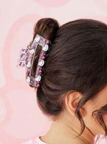 HELLO KITTY AND FRIENDS | SHEIN Fashionable Cute Pink Floral & Cat Print Hair Claw, Suitable For High-Volume Hair, For Home Bathing, Beauty, Bun Hairstyle, Hair Styling - Clear - View 2