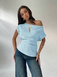 Aloruh Women's Plain Asymmetric Ruched Collar Short Sleeve Elegant Blouse, Summer - Blue - View 4