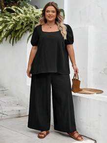 SHEIN CURVE+ Bộ đồ nữ cỡ lớn bằng vải cotton crepe giặt, 2 món, áo cổ vuông tay ngắn màu trơn cỡ lớn và quần rút dây, trang phục đi nghỉ mùa hè/đồng quê/bãi biển/trang phục đi biển/đồ mặc đi biển - màu đen - Xem 9