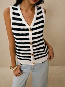 Poéselle Women's Striped Print V-Neck Sleeveless Casual Summer Knit Vest In Fall/Winter - Black and White - View 7
