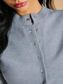 Poéselle Gray Short Slim Front Button Solid Color Long Sleeve Simple Casual Knit Cardigan,Gray Sweater,Short Women's Sweater,Women's Sweaters,Knit Sweaters,Winter Women's Clothing,Fall Women's Clothing, Summer Cardigans Ribbed Knit Cardigan, Blue Cardigan,Cozy Fall And Winter Clothes For Women - Blue - View 7