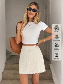 Easowa 夏季花卉刺绣荷叶边杏色女裙，适合日常穿着、简约办公室穿着、度假穿着，轻盈亚麻面料 - 杏色 - 查看 6