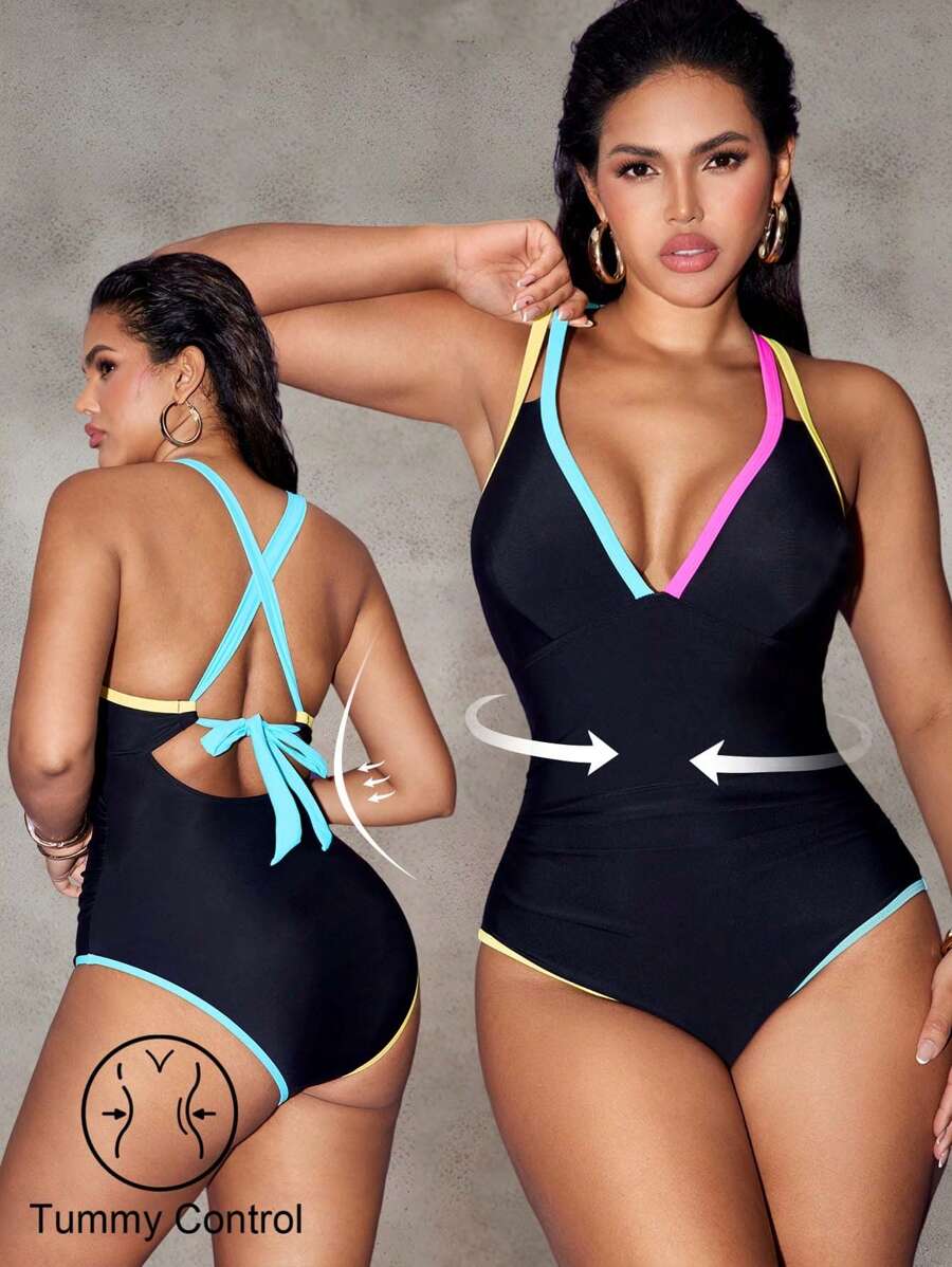 Nuvra 1pc Tummy Control Women One-Piece Swimsuit With Color Block Shoulder Straps For Summer Beach Vacation