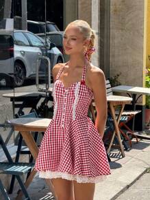 SHEIN ICON 女士夏季撞色蕾丝纽扣领格子连衣裙，适合7月4日美国独立日和返校季穿着 - 紅色 - 查看 3