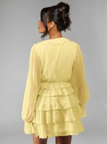 MISSGUIDED Ruffle Tiered Mini Dress Balloon Long Sleeve Chiffon Spring Summer Wedding Guest Party Occasion Boho Evening Wear - Yellow - View 2