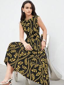 Aveloria Modichic Elegante vestido de verano con escote redondo, silueta simple, estampado de hojas de árbol y cintura imperio para mujer