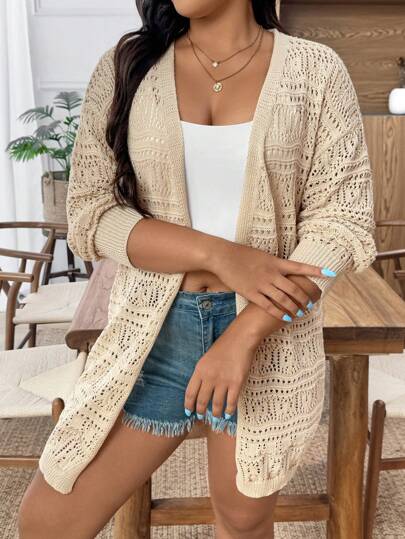 EMERY ROSE Women Plus Size Solid Color Hollow-Out Casual Cardigan