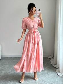Modelyn Women's Woven Cut-Out Fabric Short Sleeve Tie Waist Design French Style Dress - Pink - View 6