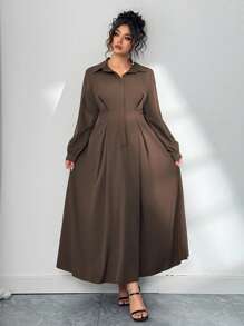 Elenzga 优雅通勤纯色灯笼袖连衣裙，及踝长加大码女装，适合秋季 - 咖啡棕 - 查看 7