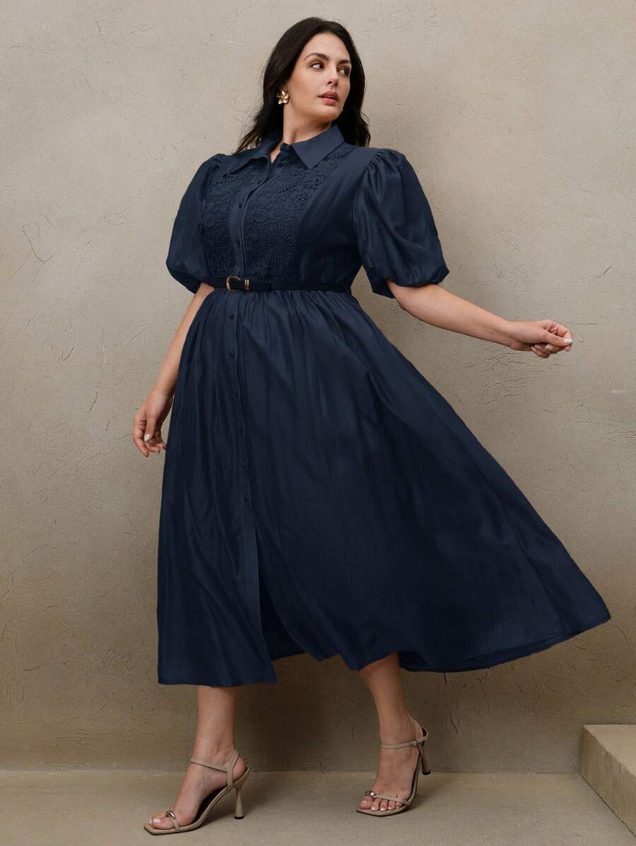 Anewsta Lace Patchwork Puff Sleeve Shirt Collar Elegant Maxi Dress For Women - Navy Blue - View 1
