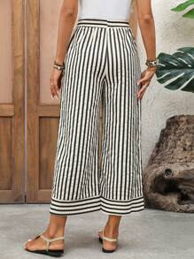 EMERY ROSE 女士休闲条纹印花松紧腰宽松阔腿裤夏季女式宽松裤