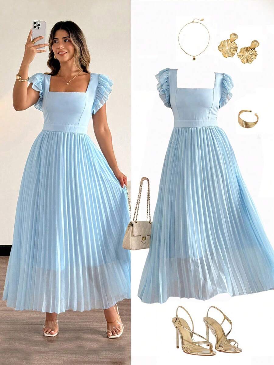 SHEIN LUNE Plus Size Elegant Square Neck Multi-Layer Ruffle Cap Sleeve Chiffon Pleated Splice Dress - Baby Blue - View 1
