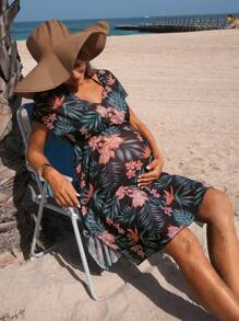 SHEIN Sukienka ciążowa z nadrukiem roślin tropikalnych i rękawami w kształcie nietoperza, idealna na podróż i wakacje