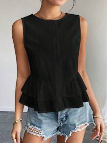 SHEIN Raffinéa Sleeveless Cotton Solid Color Crew Neck Shirt With Ruffle Hem - Black - View 4