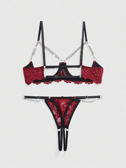 Goth Dark Gothic Lace Metal Chain Hollow-Out Bra And Crotchless Thong Lingerie Set, Sexy