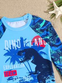 Young Boy Mandarin Collar Printed Round Neck Long Sleeve Rash Guard And Shorts Swimwear Set - Multicolor - View 6