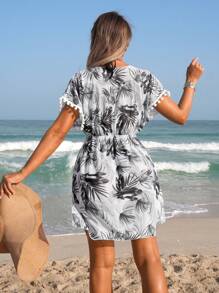 Swim Lushoire Vestido corto de pareo con estampado de plantas tropicales y mangas tipo murciélago para mujer, para vacaciones - Blanco y Negro - Ver 3
