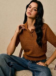 Poéselle 柔软针织 Polo 衫上衣 - 女式短袖纽扣套头衫、女式针织 Polo 衫、纽扣针织 Polo 衫、柔软针织上衣、翻领针织衫、学院风毛衣上衣、秋季针织时尚、棕色针织上衣、女式针织上衣