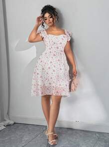 SHEIN Clasi Plus Size Women Scoop Neck Cap Sleeve Waist Drawstring Floral Jacquard Bohemian Holiday Mini Dress - Pink - View 3