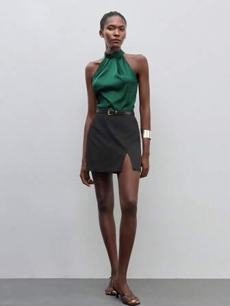 Maija Solid Satin Halter Blouse Workwear,Sleeveless Tops