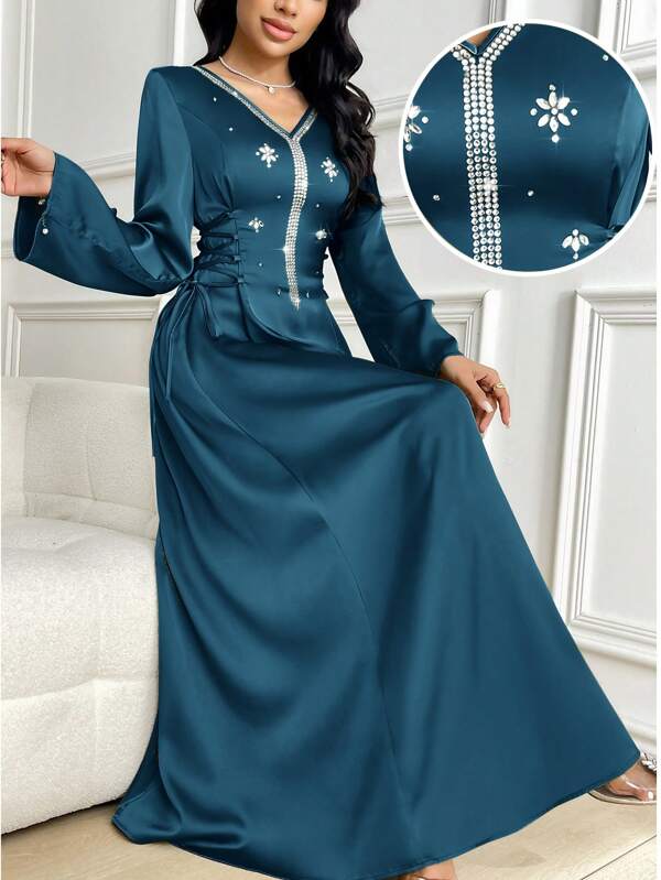 Al Najma Vestido elegante de estilo árabe con cuello en V, manga larga y decoración de piedras rhinestone para mujer