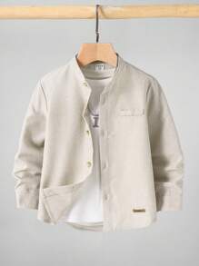 儿童男孩休闲立领纽扣衬衫，卡其色衬衫，基本款上衣，返校季，适合花园、海滩、生日