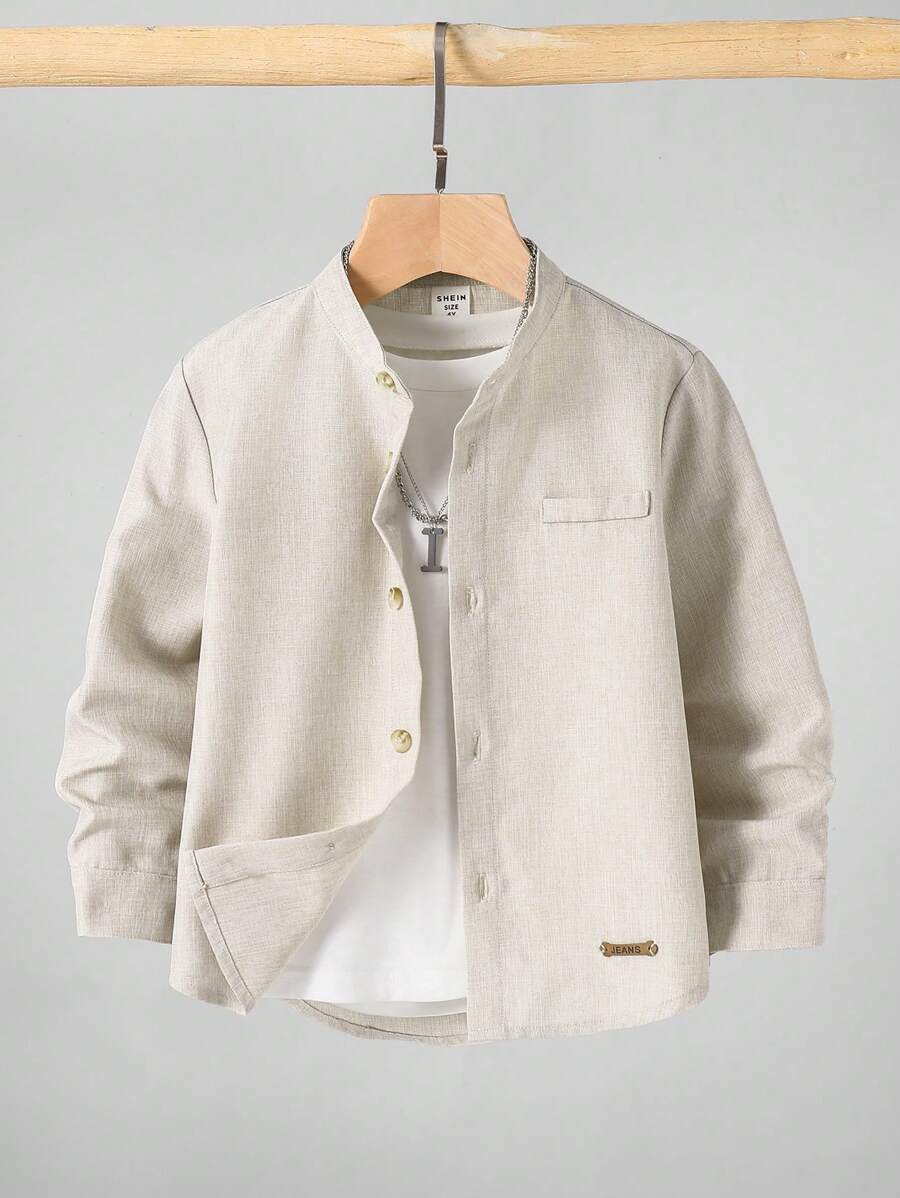 儿童男孩休闲立领纽扣衬衫，卡其色衬衫，基本款上衣，返校季，适合花园、海滩、生日