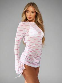 Missguided x Playboy Langarm Strandkleid Mini Rückenfrei mit Kordelzug seitlich gerafft Sommerurlaub Strandk leid