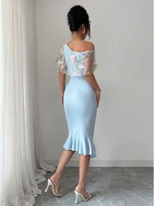 Modelyn Women's Knit Patchwork Chiffon Embroidered Asymmetrical Design Draped Summer Dress - Blue - View 2