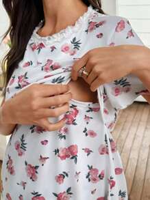 SHEIN Post Partum Lounge Set Romantic Printed Milk Silk Contrast Lace Comfortable Maternity Pajamas
