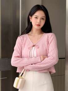 DAZY 纯色系带前短款上衣 长袖 女式上衣 - 粉色 - 查看 10