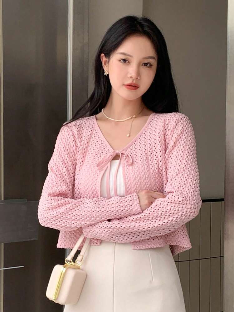 Solid Tie Front Crop Top Long Sleeve Women Tops