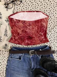 Attitoon Blusa de tubo ajustada tipo vintage con estampado retro de flores en estilo romano con volantes, de color rojo Angola, adecuada para el verano