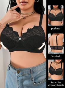 SHEIN Bra Berkawat dengan Bordir Patchwork Ukuran Plus, Mengangkat - Hitam - View 3