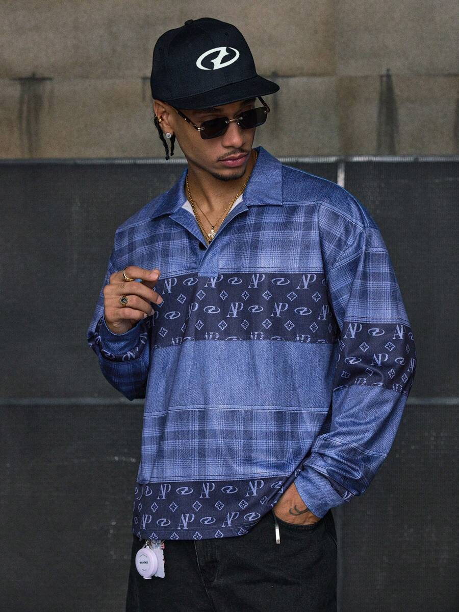 AXEPEAK 休闲宽松日常户外男士 Polo 衫，长袖 - 藍色 - 查看 1