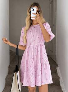 SHEIN LUNE Romantisches, lässiges Puppenkleid mit rosa Streifen und Schmetterlingsdruck für den Sommer für Damen. Damenbekleidung. Fließendes Sommerkleid, Babydoll-Oberteil, Urlaubskleid, Sommeroutfits für Damen, europäisches Sommerkleid mit Milchmädchenmotiv