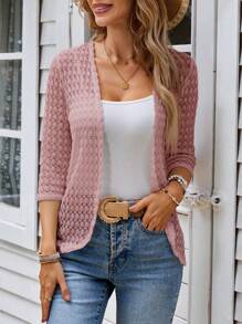 EMERY ROSE Women's Solid Color Sheer Casual Versatile Regular Jacket Crochet Cardigan Women Lace Cardigan Knitted Cardigan For Women Summer Cardigan For Women Thin Cardigan In Fall/Winter - Pink - View 5
